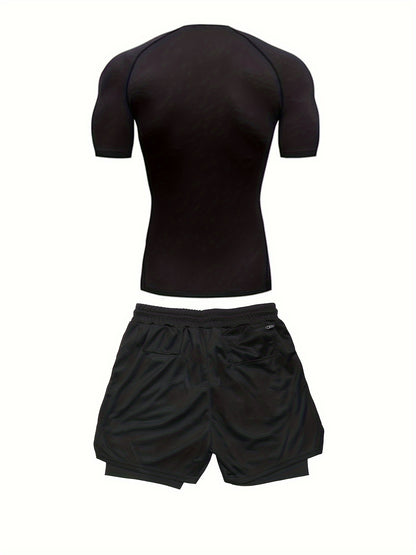 Men’s Red & Black 2-Piece Summer Set – Breathable Loose-Fit T-Shirt & Sports Shorts