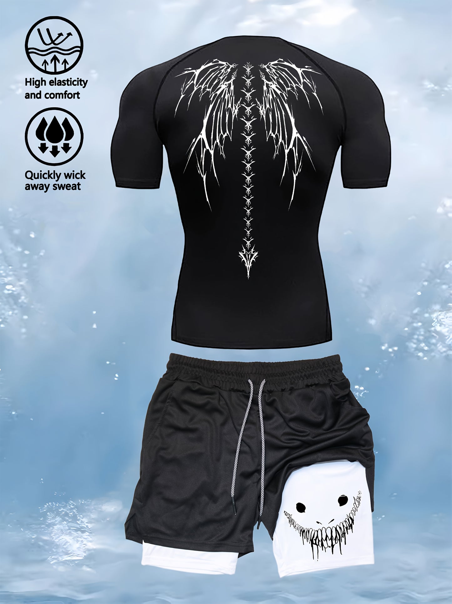 Men’s 2-Piece Compression Base Layer Set – Quick-Dry Printed Short Sleeve Top & Performance Leggings