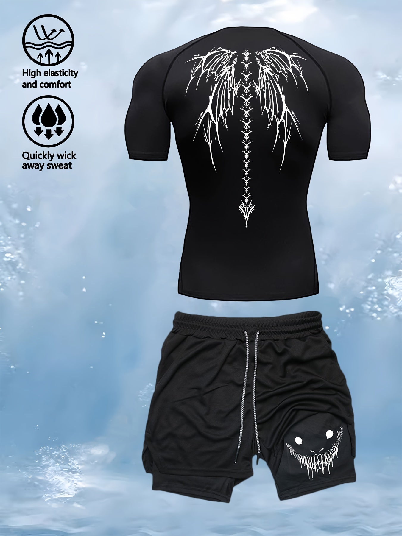 Men’s 2-Piece Compression Base Layer Set – Quick-Dry Printed Short Sleeve Top & Performance Leggings