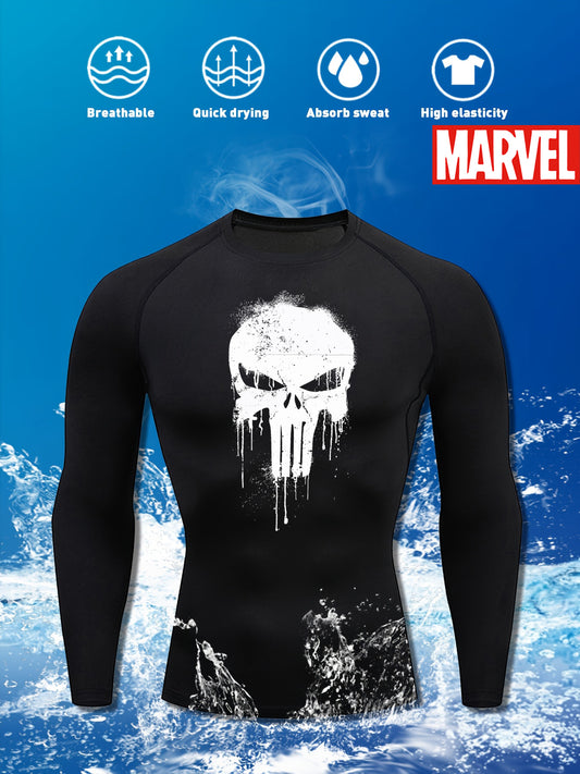 Men’s Skull Graphic Long Sleeve Compression T-Shirt – Breathable Quick-Dry Athletic Fit