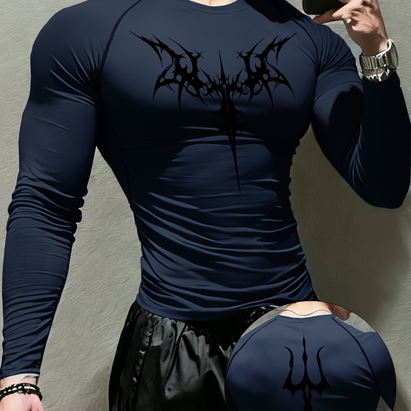 Men’s Gothic Trident & Thorn Compression Long Sleeve Shirt – Sweat-Wicking Tight-Fit Training Top for Gym & Outdoor Workouts