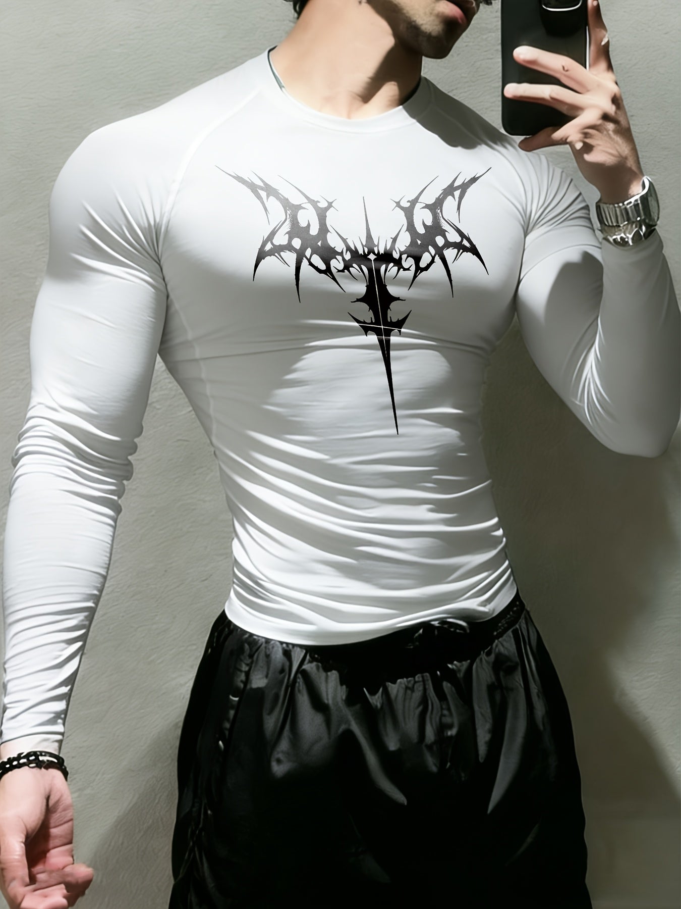 Men’s Gothic Trident & Thorn Compression Long Sleeve Shirt – Sweat-Wicking Tight-Fit Training Top for Gym & Outdoor Workouts